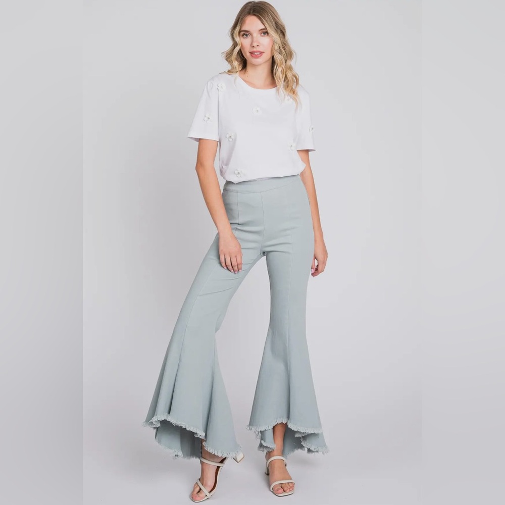 368B-SLATE BLUE. High Low Flared Stretch Jeans